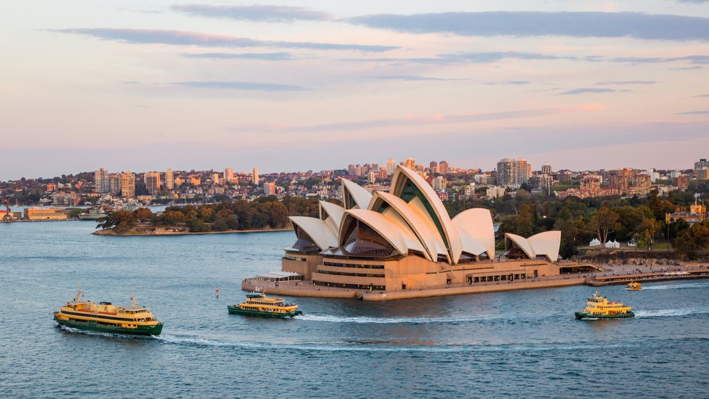 Sydney Operahus som viser en solnedgang, et monument og en bugt eller havn