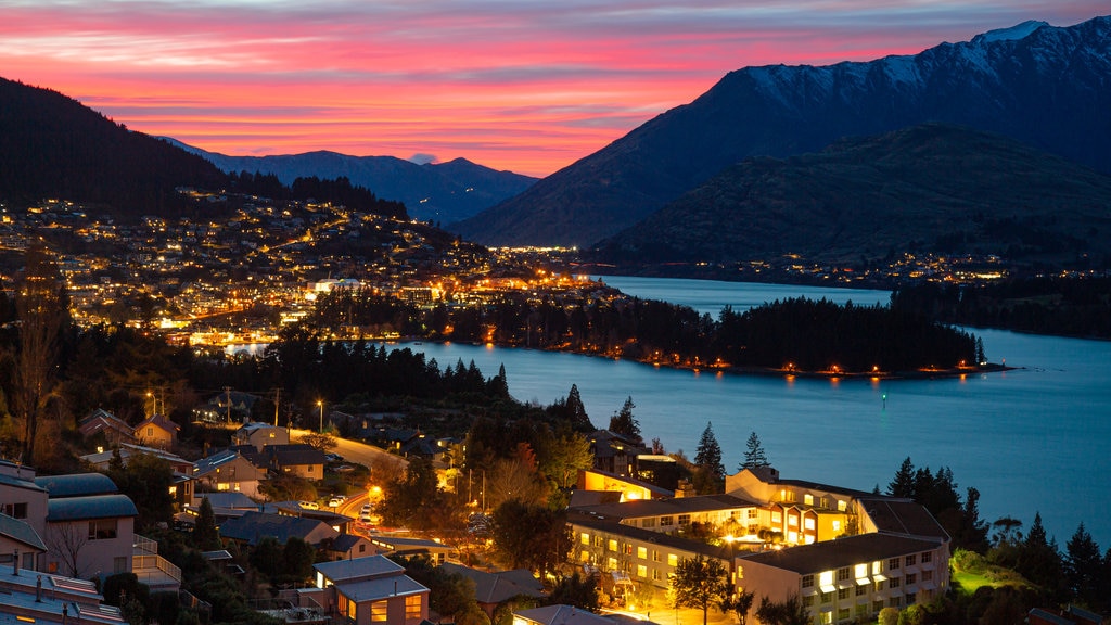 South Island which includes a sunset, night scenes and a bay or harbour