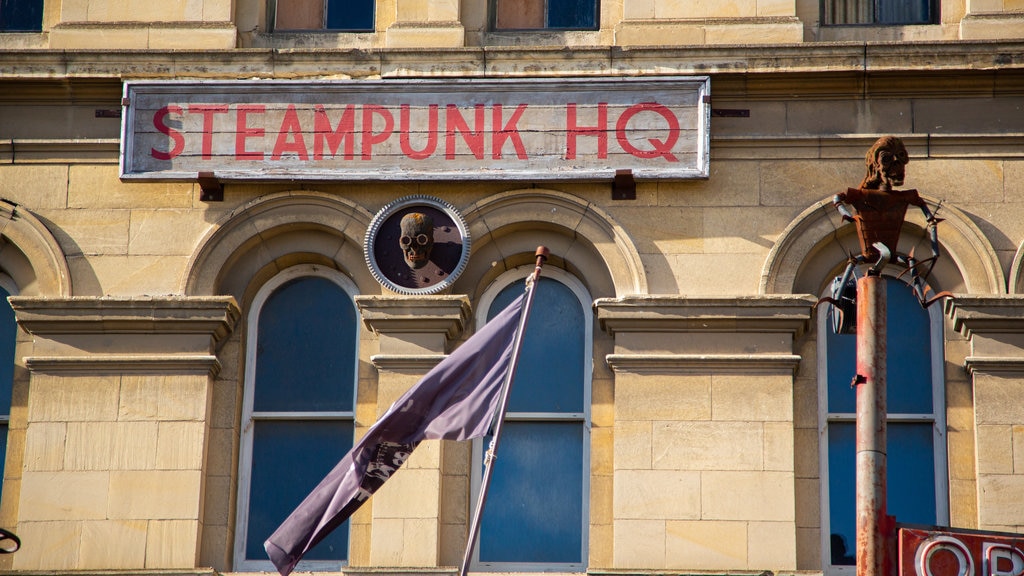 Steampunk HQ which includes signage