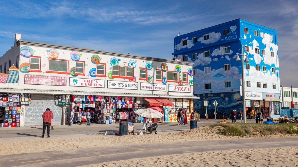 Venice Beach which includes a coastal town and a beach