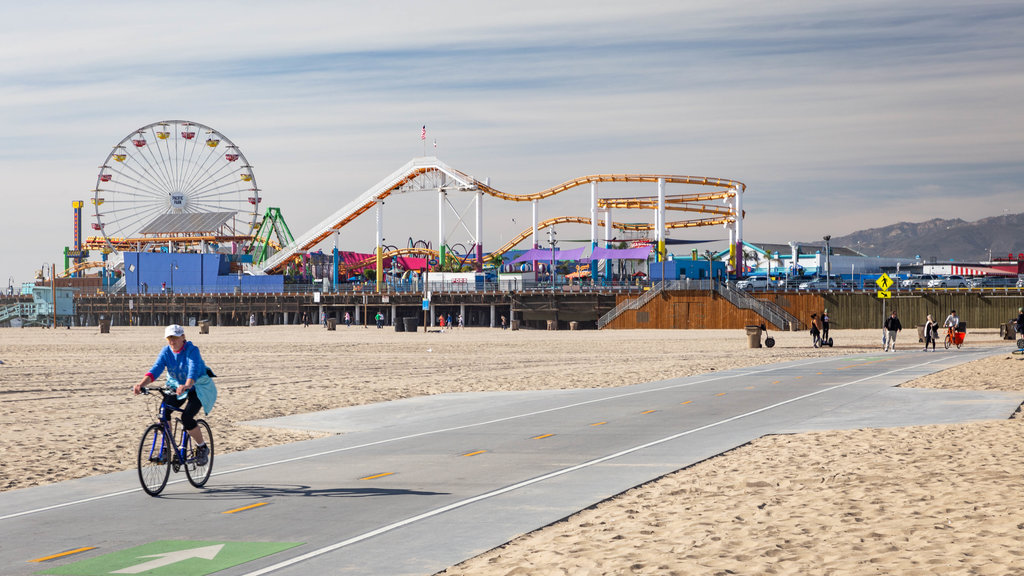 Santa Monica Beach which includes a beach and rides