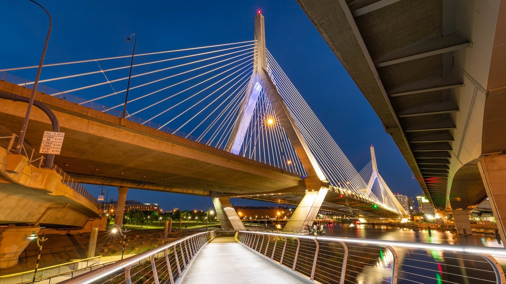 Zakim Bunker Hill Bridge featuring night scenes, a bay or harbour and a bridge