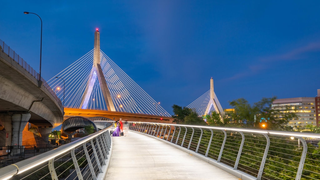 Zakim Bunker Hill Bridge showing night scenes and a bridge