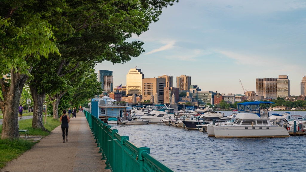 Downtown Boston showing a bay or harbour and a park