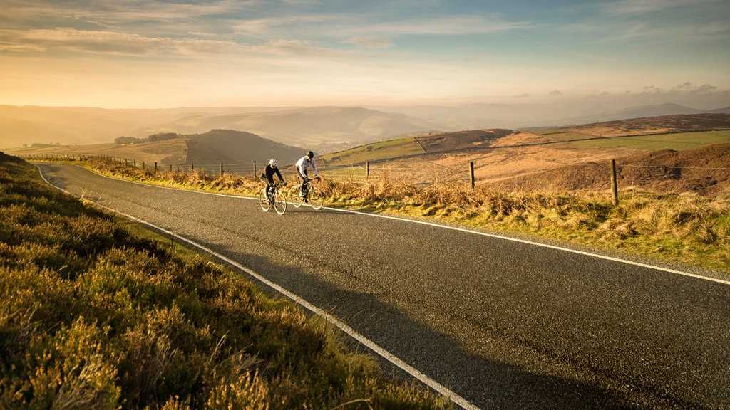 Peak District showing tranquil scenes, a sunset and mountain biking