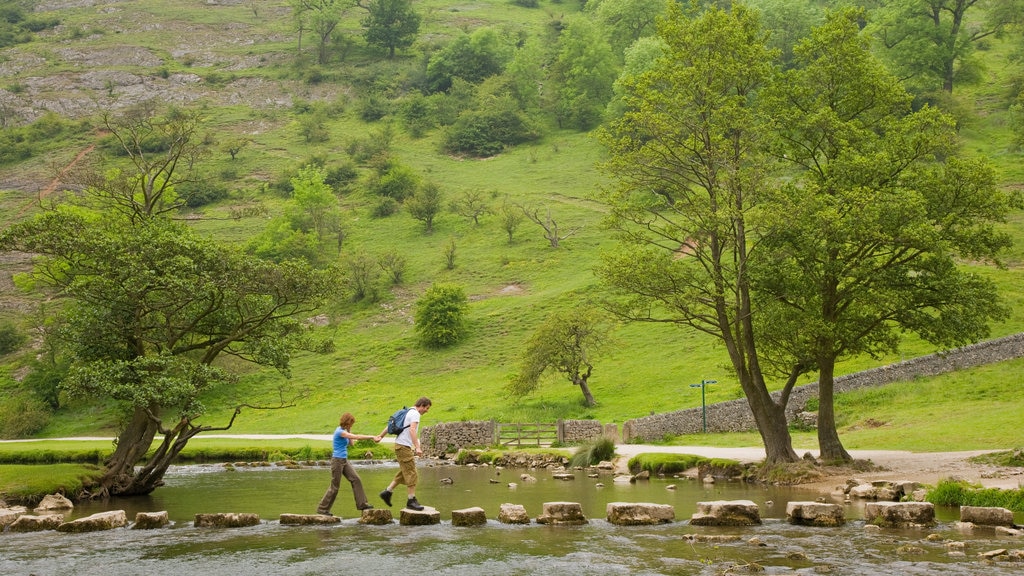 Peak District que incluye escenas tranquilas y un lago o abrevadero y también una pareja