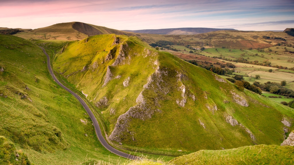 Peak District featuring a sunset, landscape views and mountains