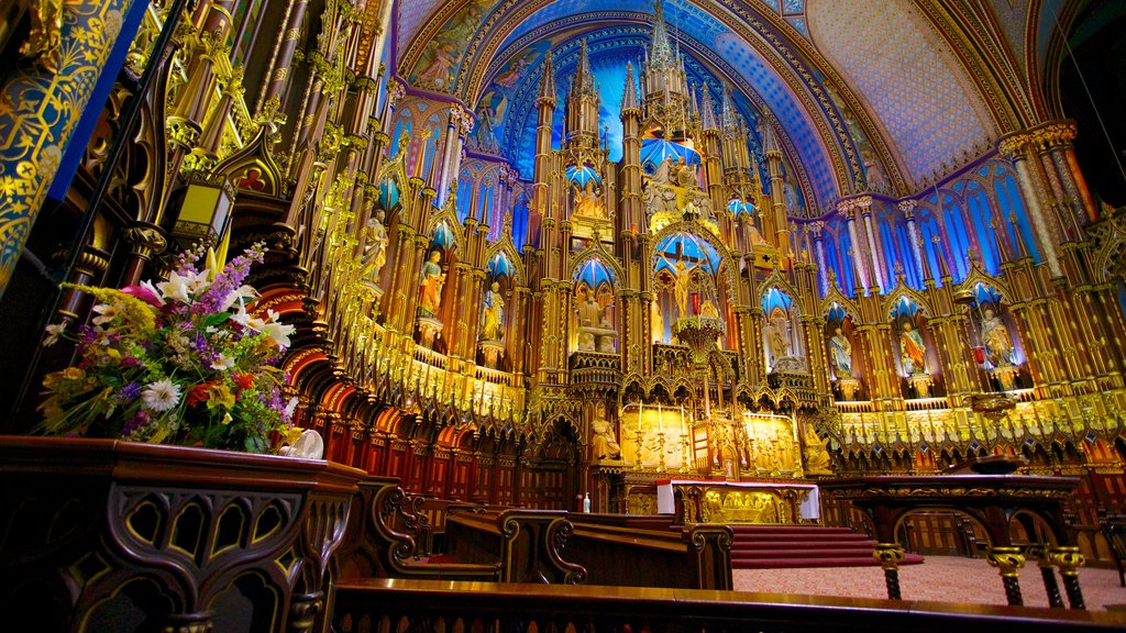 Notre Dame Basilica which includes a church or cathedral, interior views and religious elements