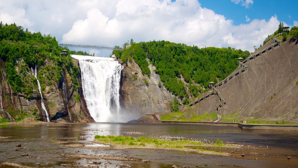 Montmorency Falls que inclui uma cachoeira e uma ponte suspensa ou passarela entre as árvores