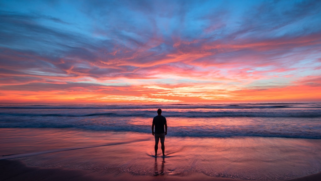 Southern California showing general coastal views, a beach and a sunset