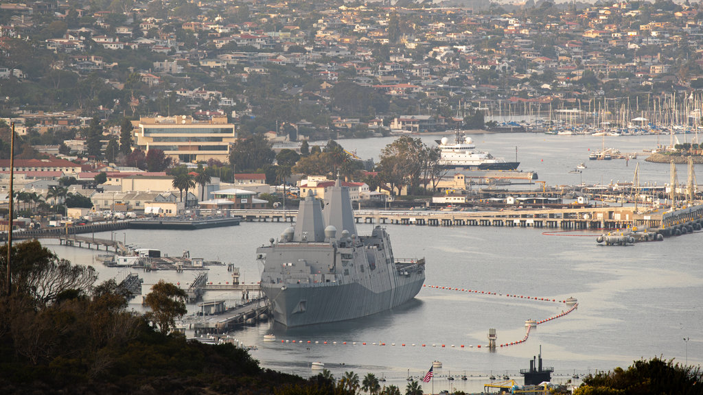 Cabrillo National Monument which includes a city, a bay or harbor and landscape views