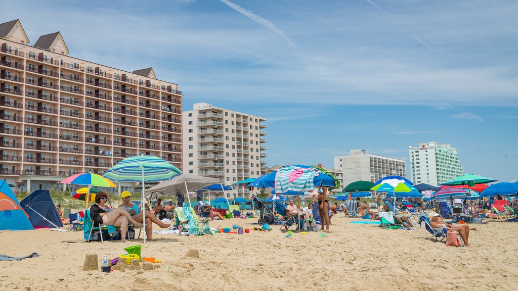 Strand van Ocean City toont een kuststadje, algemene kustgezichten en een zandstrand