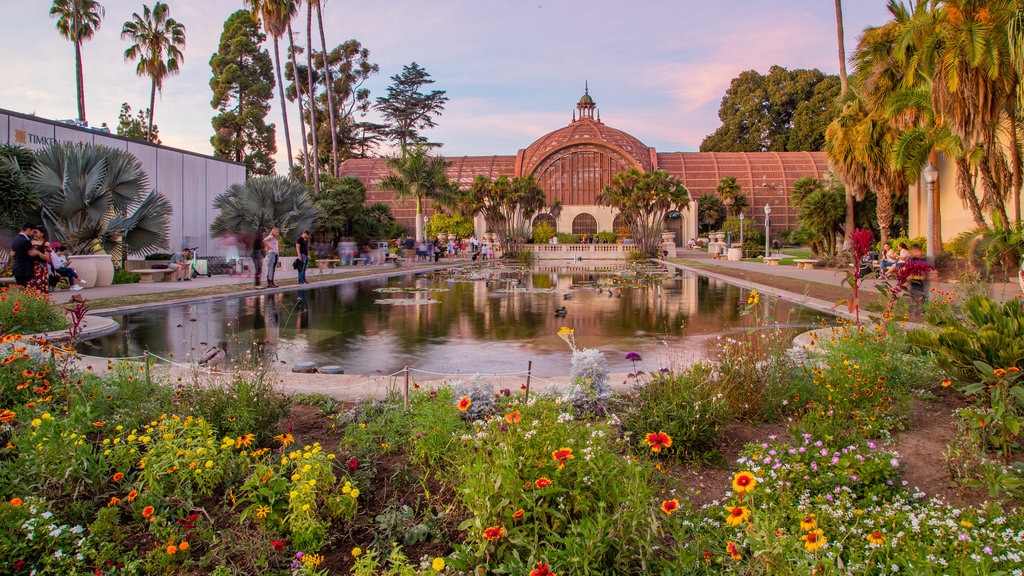 Edificio Botánico que incluye flores silvestres y un estanque