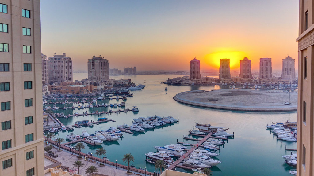 The Pearl-Qatar which includes a city, landscape views and a bay or harbour