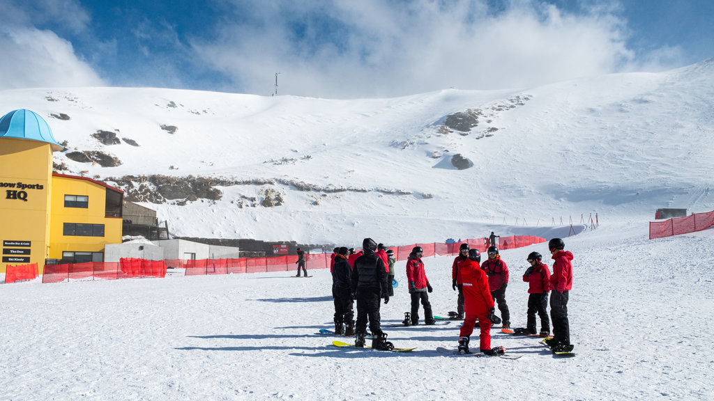 Cardrona Alpine Resort which includes snow and snow skiing as well as a small group of people