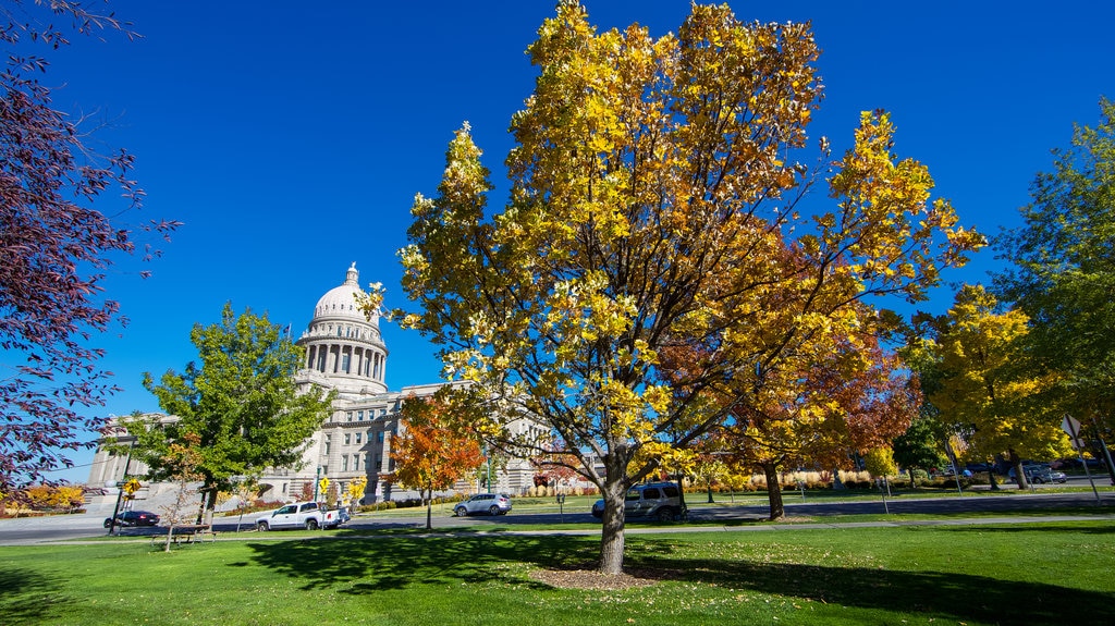 Boise mostrando um jardim e um edifício administrativo