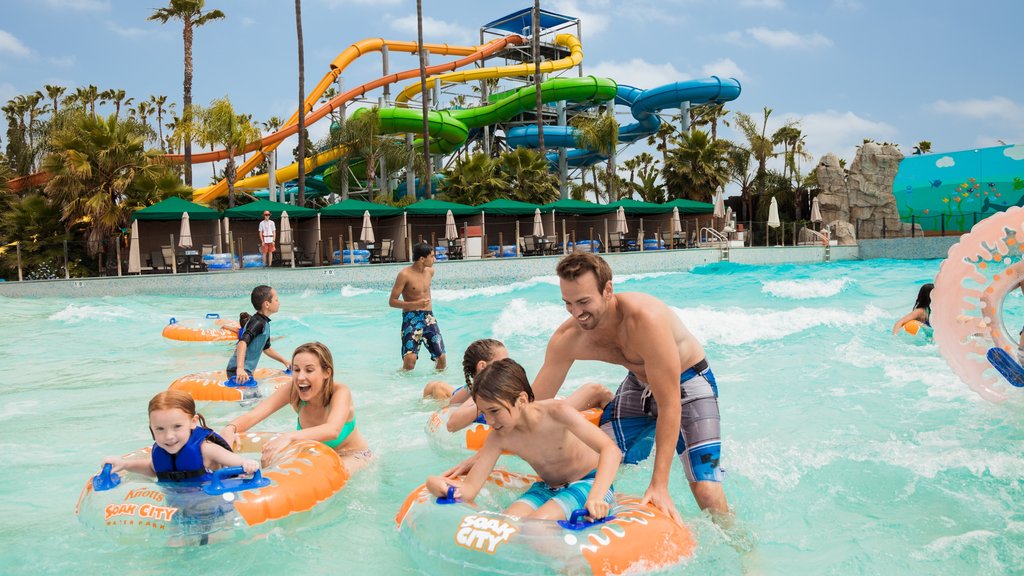 Parque temático Knott\'s Berry Farm ofreciendo un parque acuático y natación y también una familia