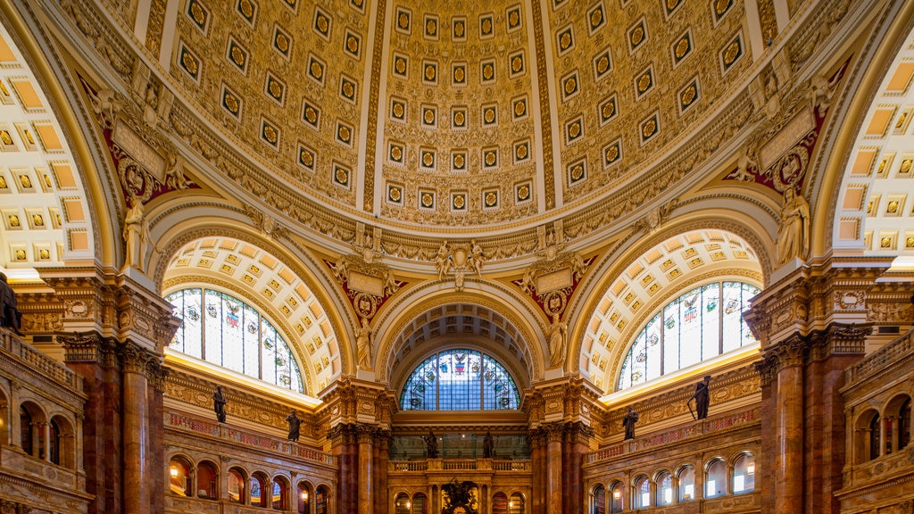 Biblioteca do Congresso mostrando um edifício administrativo, vistas internas e elementos de patrimônio