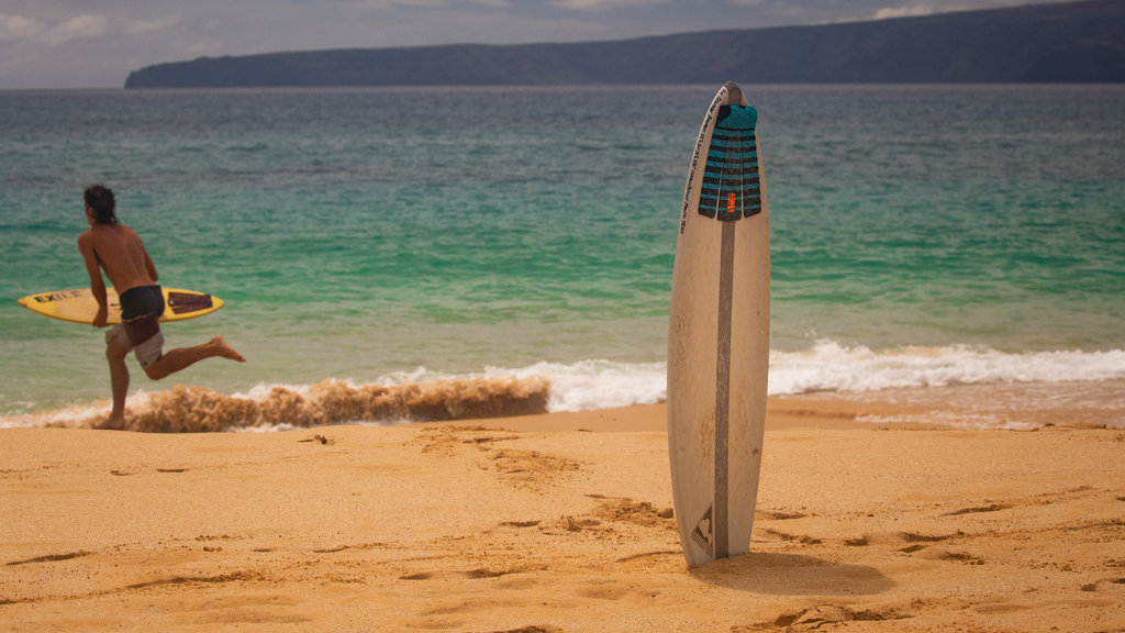 Makena State Park Beach featuring surfing, general coastal views and a sandy beach