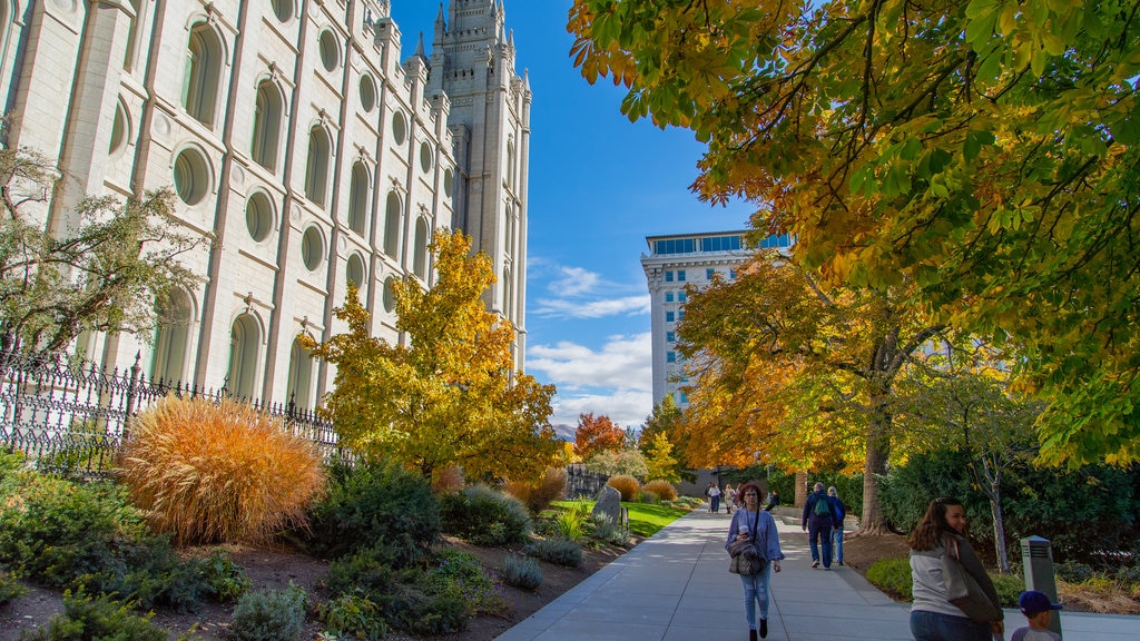 Salt Lake Temple featuring a garden and heritage elements