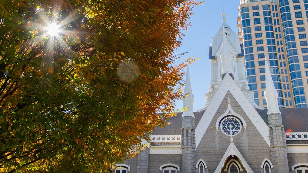 Salt Lake Assembly Hall showing heritage architecture, a church or cathedral and a sunset