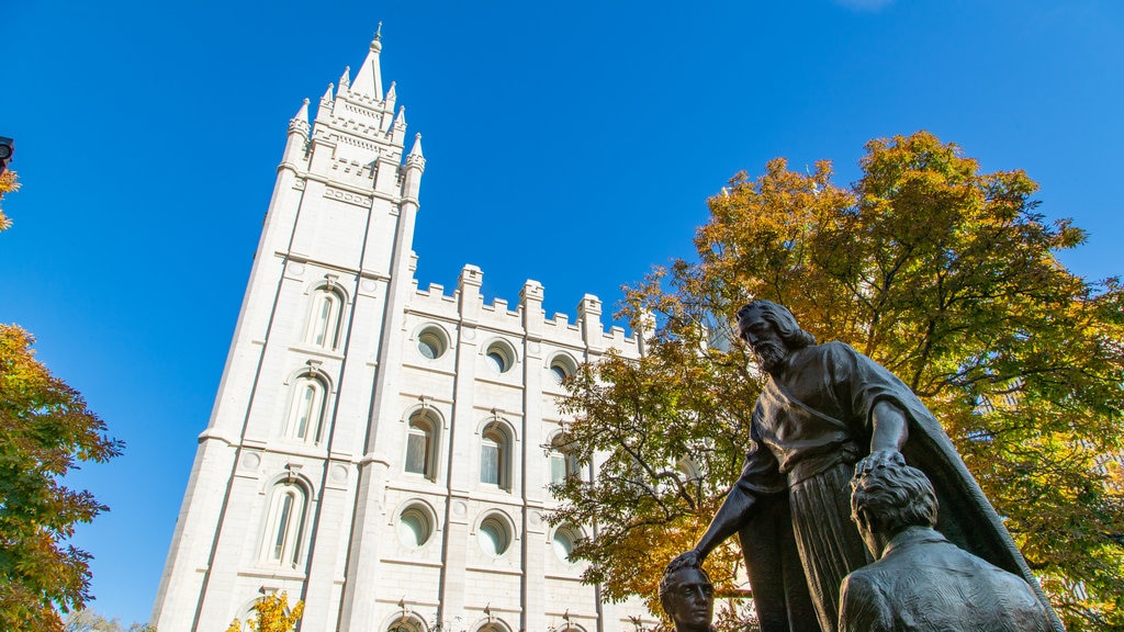 Salt Lake Temple which includes a statue or sculpture and heritage architecture