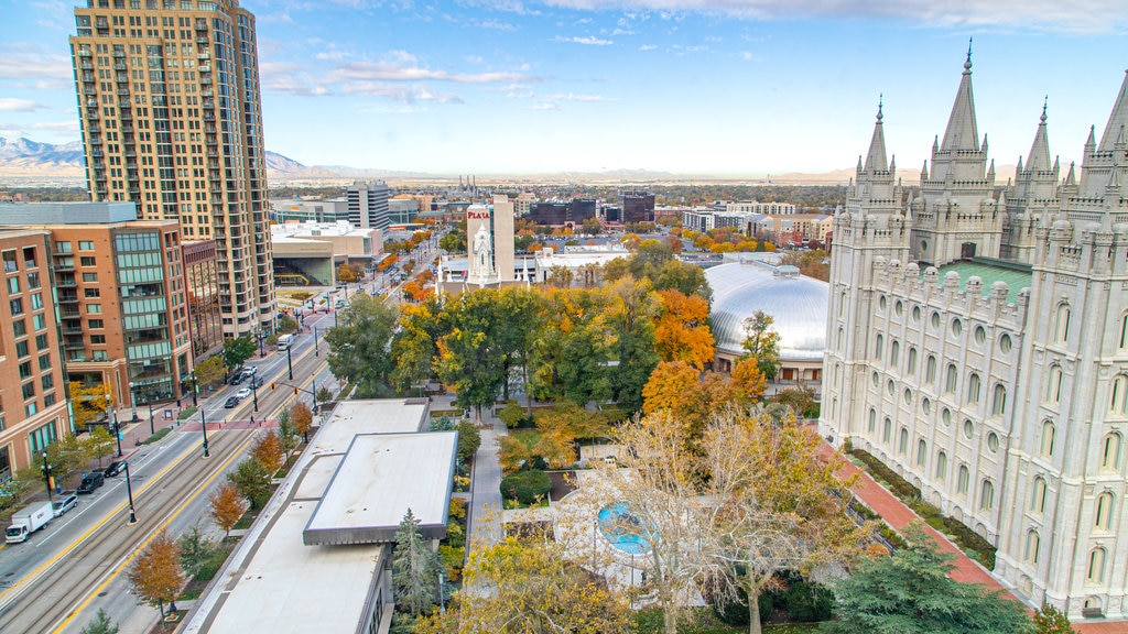 Salt Lake Temple showing landscape views, a city and heritage architecture