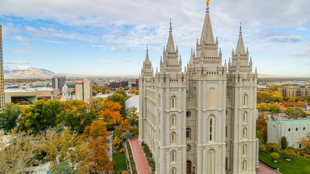 Salt Lake Temple featuring landscape views, heritage architecture and a city