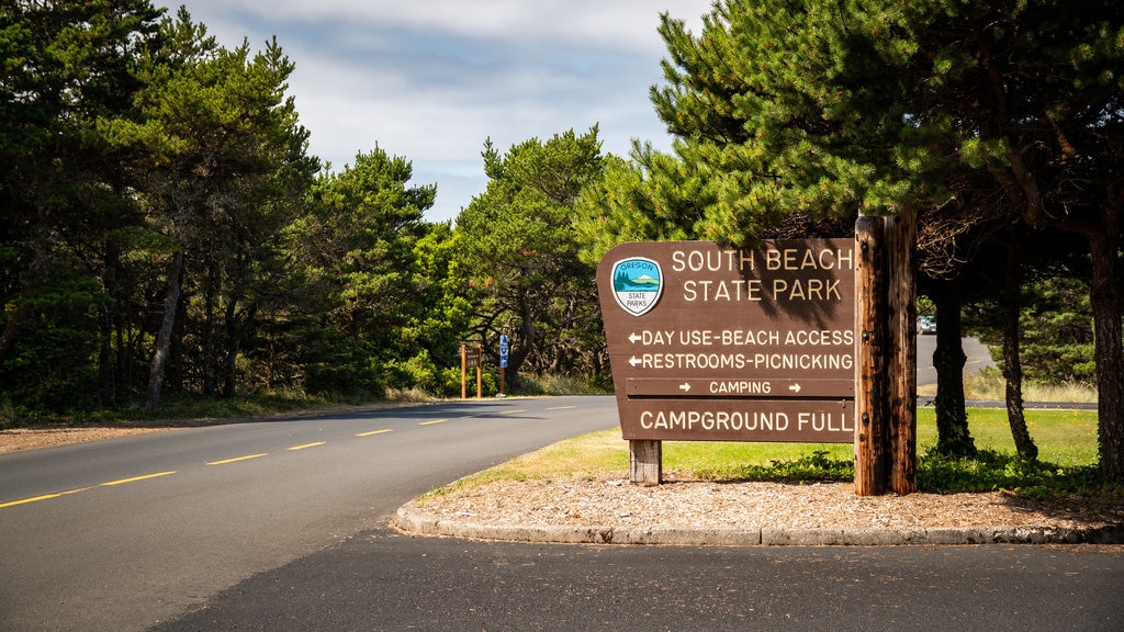 South Beach State Park showing a garden and signage