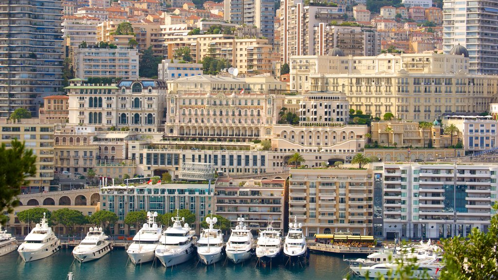 Monaco Harbour which includes a bay or harbour and a coastal town