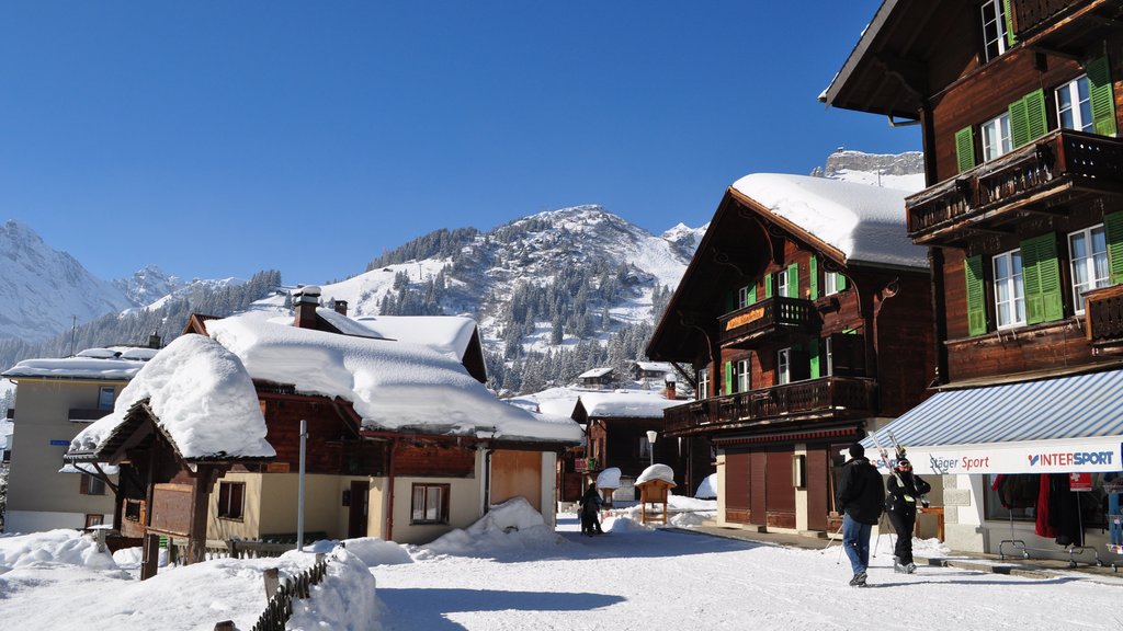 Mürren showing street scenes, a small town or village and snow