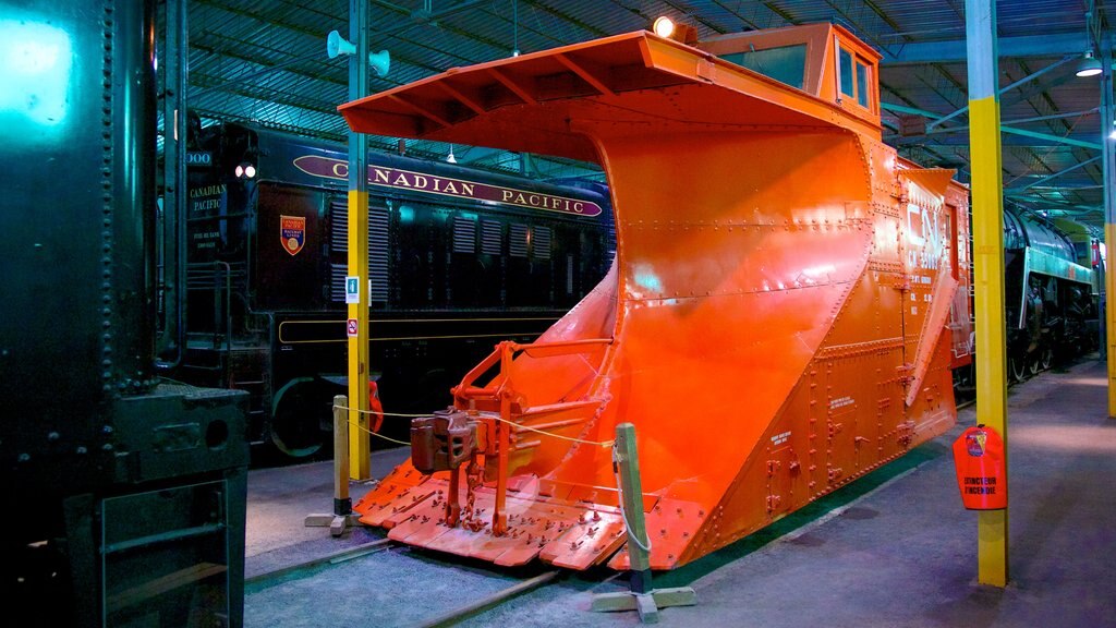 Canadian Railway Museum showing signage, railway items and interior views