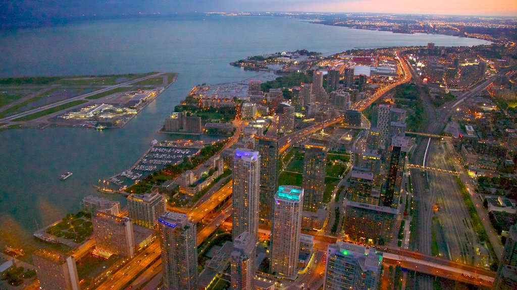 CN Tower which includes a sunset, a city and general coastal views