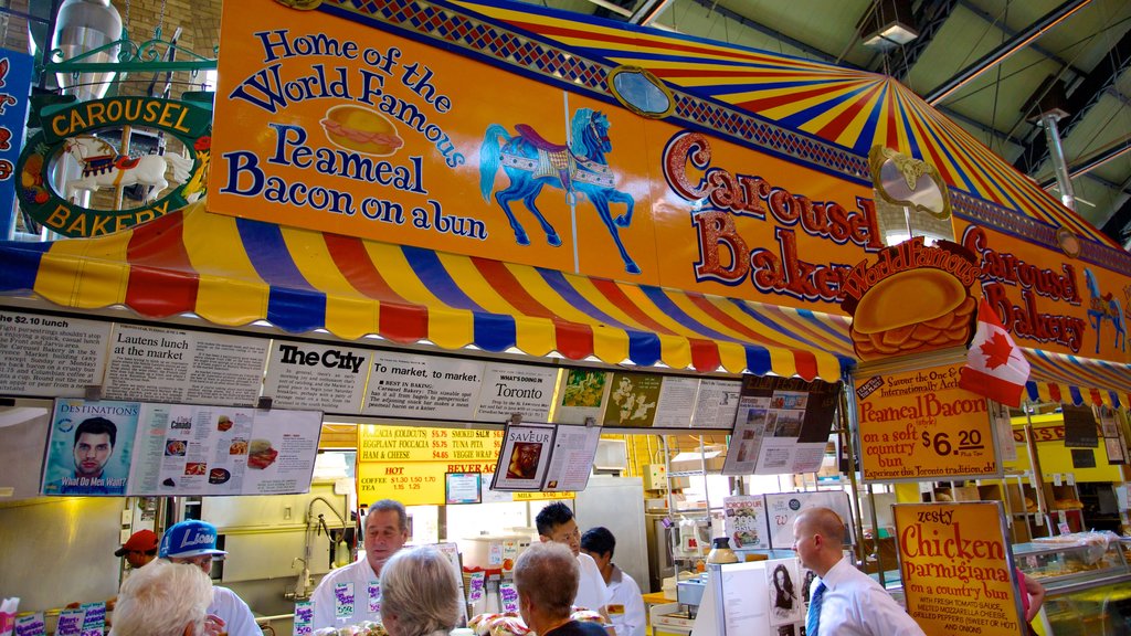 St. Lawrence Market som visar interiörer, mat och marknader