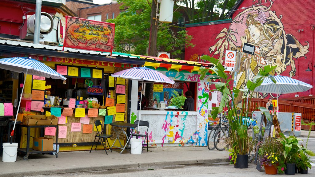 Kensington Market showing café scenes, signage and shopping