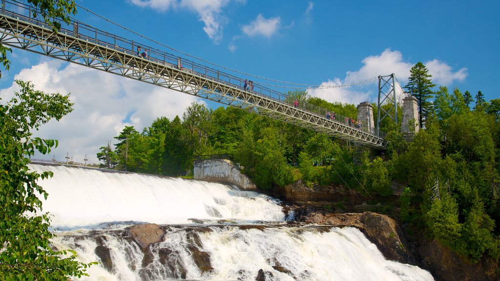 Cascadas Montmorency que incluye un puente, un río o arroyo y un puente colgante o una pasarela