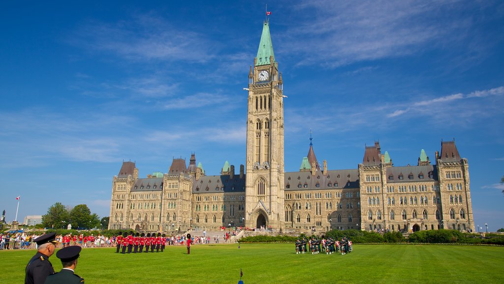 Parliament Hill featuring an administrative building, heritage architecture and performance art