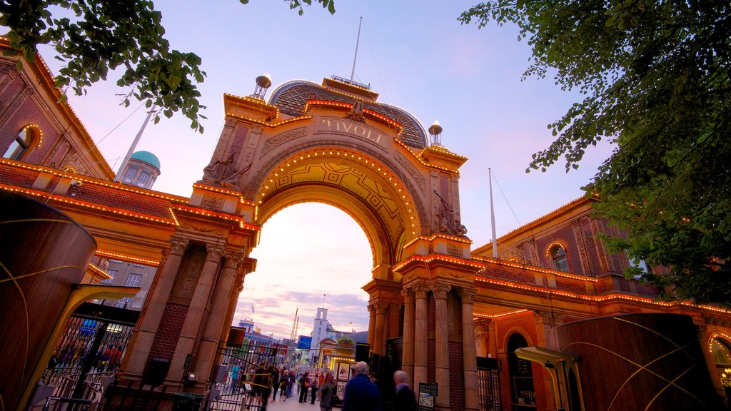 Tivoli Gardens featuring heritage architecture and rides