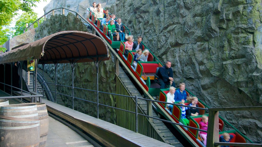 Tivoli Gardens featuring rides as well as a large group of people