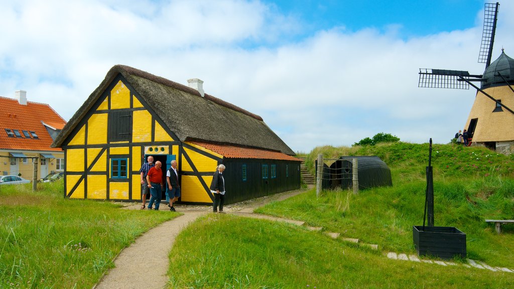 Skagen mostrando um moinho de vento e uma cidade pequena ou vila assim como um pequeno grupo de pessoas