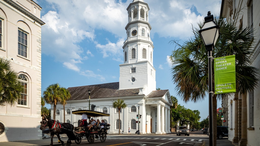 St. Michael\'s Episcopal Church featuring horse riding, heritage elements and street scenes