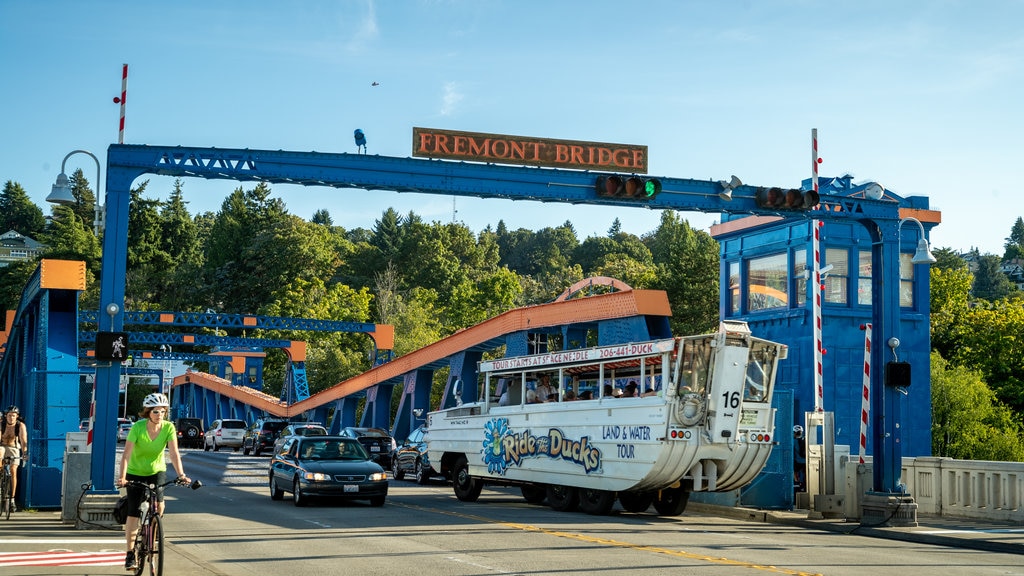 Fremont Bridge which includes street scenes and signage