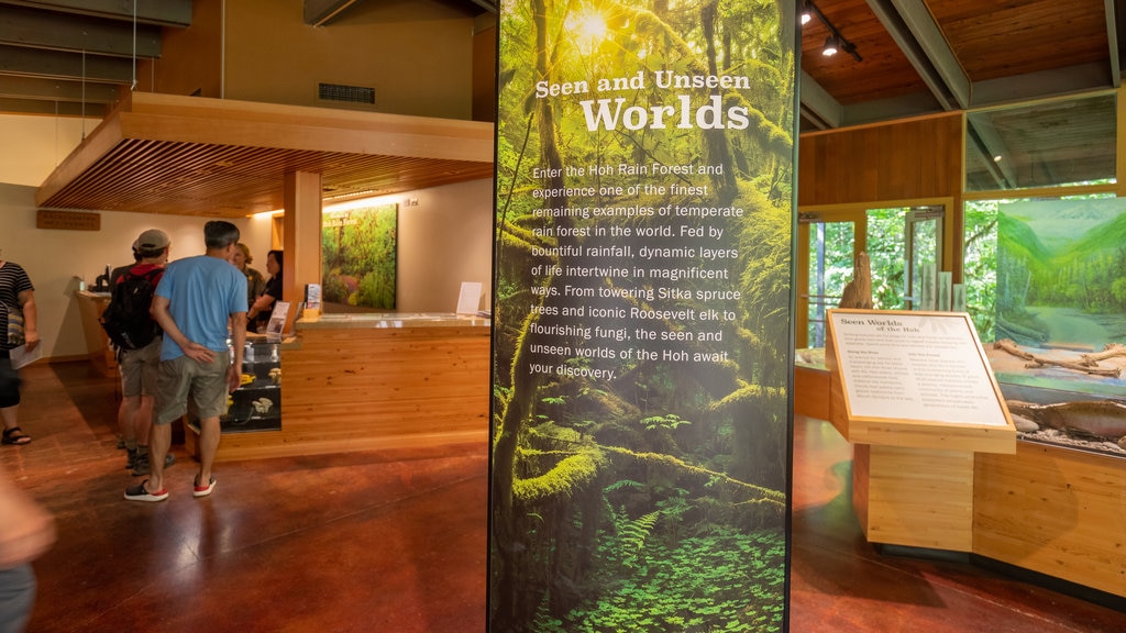 Hoh Rain Forest Visitor Center og byder på skiltning og interiør såvel som en lille gruppe mennesker