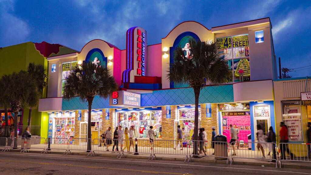 Myrtle Beach Boardwalk featuring street scenes and night scenes