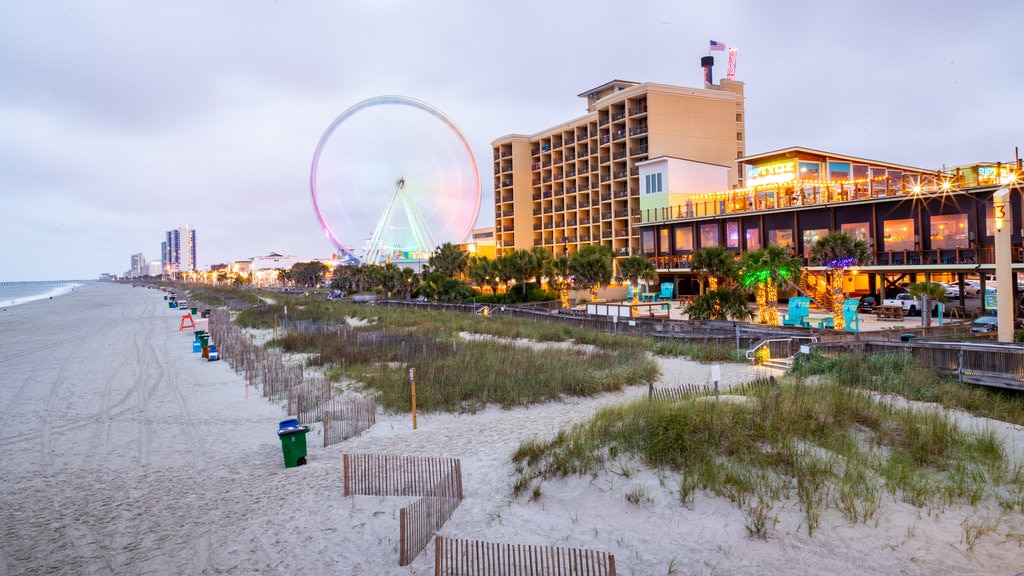 Myrtle Beach som viser en sandstrand og udsigt over kystområde