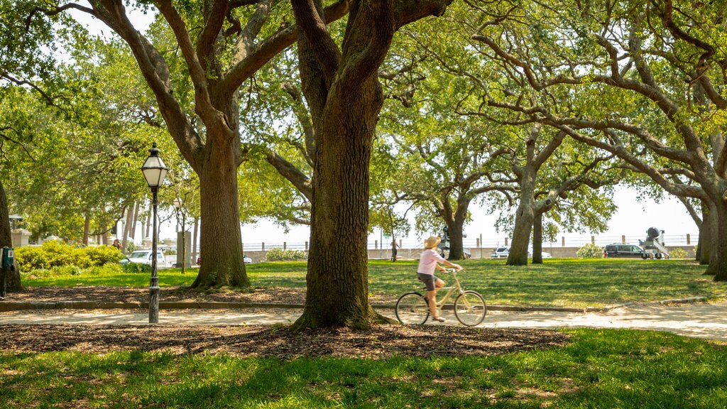 White Point Gardens featuring a garden and cycling as well as an individual femail