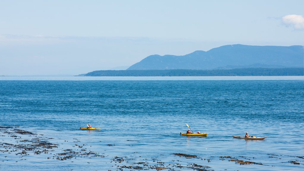 Pender Island ofreciendo kayak o canoa y vistas generales de la costa y también un pequeño grupo de personas