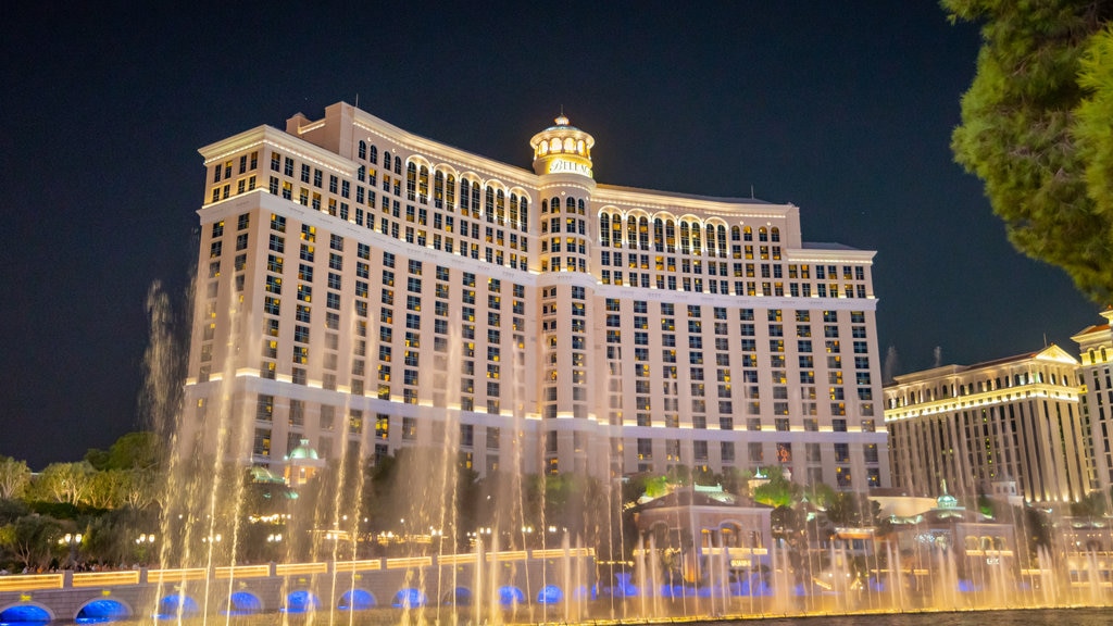 Bellagio Casino featuring a casino, night scenes and a fountain