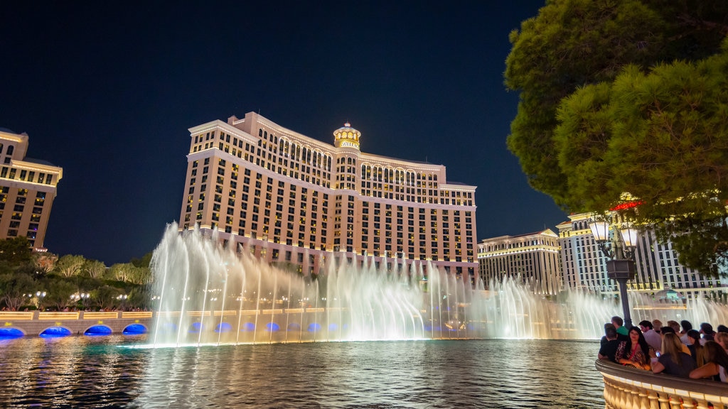 Bellagio Casino featuring a lake or waterhole, a city and night scenes