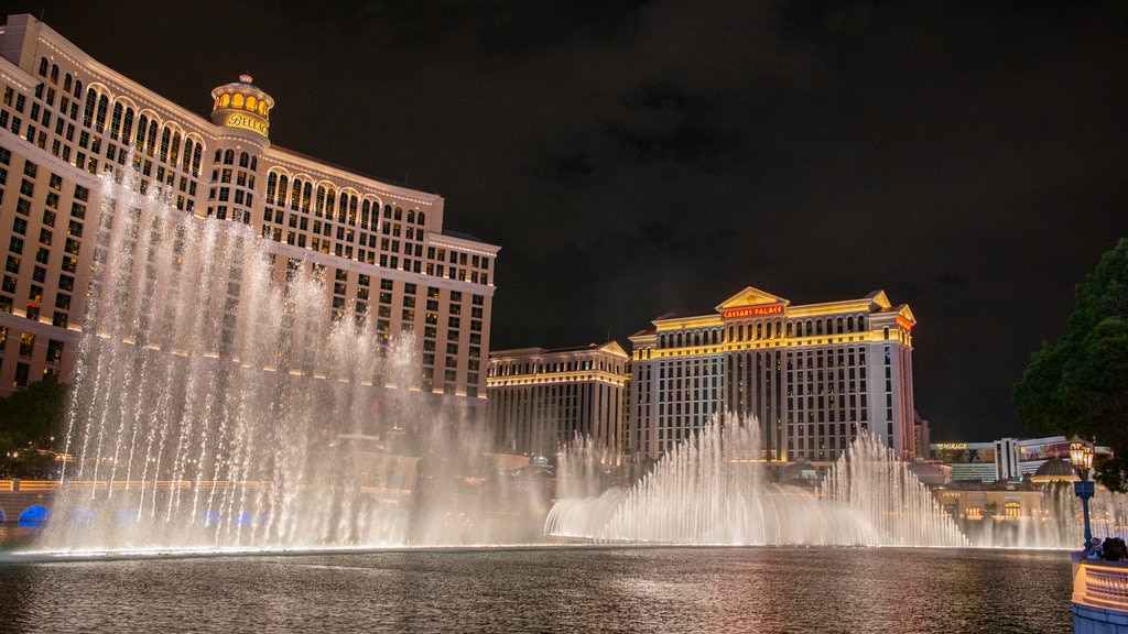 Bellagio Casino showing night scenes, a fountain and a city